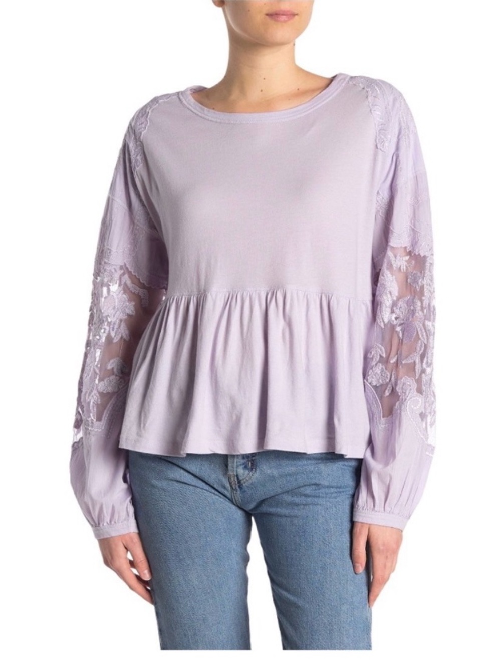 Free People Lavender Lace-Sleeve Peplum Tunic